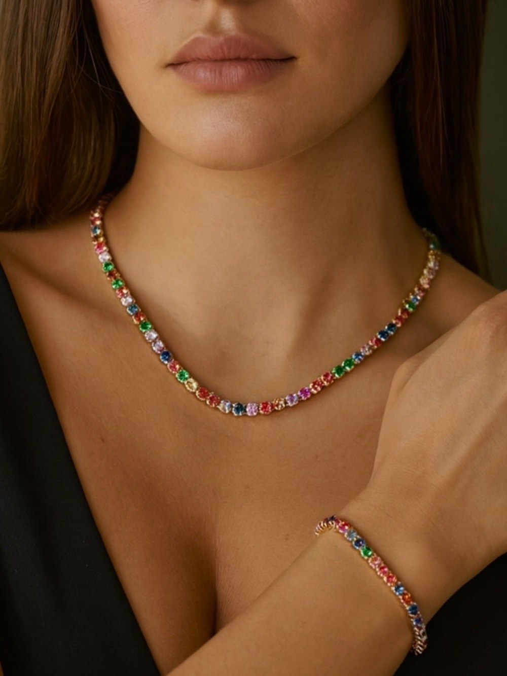 Jewelry SetGold Multi-Color Gemstone Tennis Necklace & Bracelet - Rainbow Stones